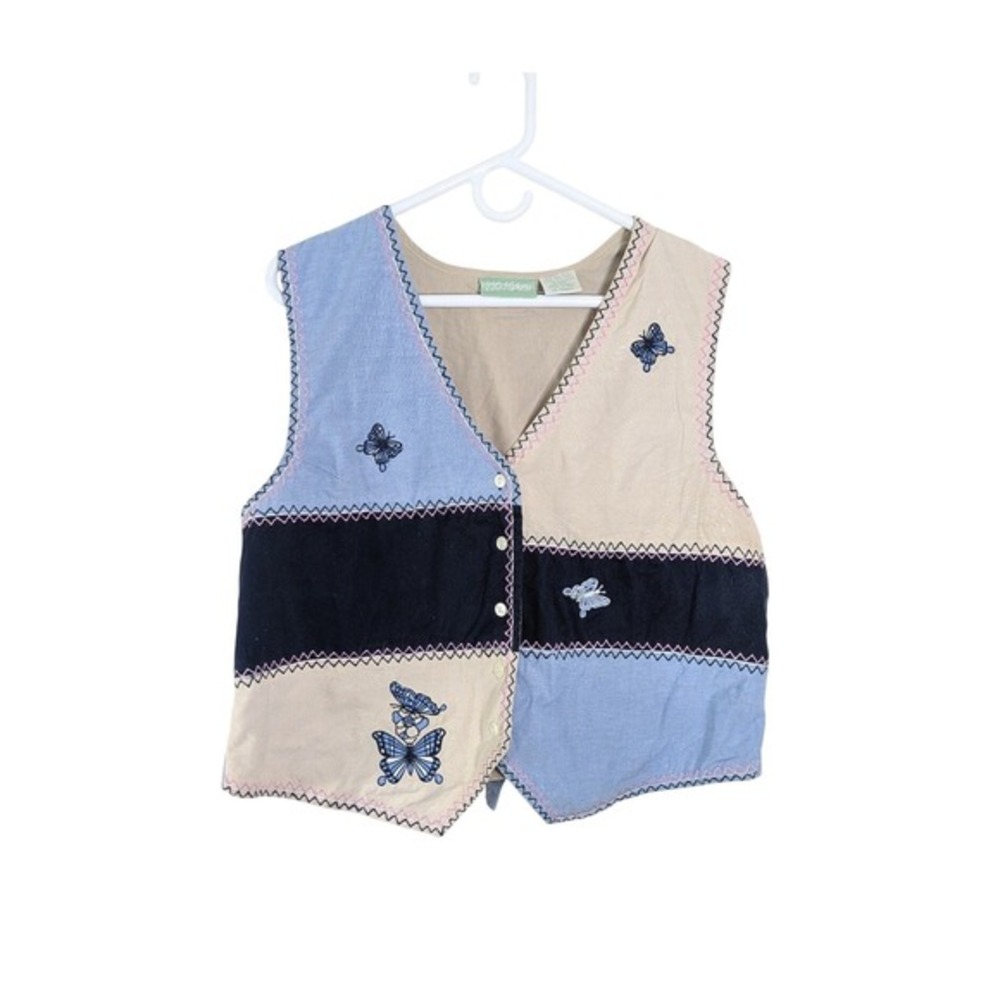 Vintage 90s Patchwork Fairy Vest L Butterfly Embroidery Cottagecore ColorBlock‎